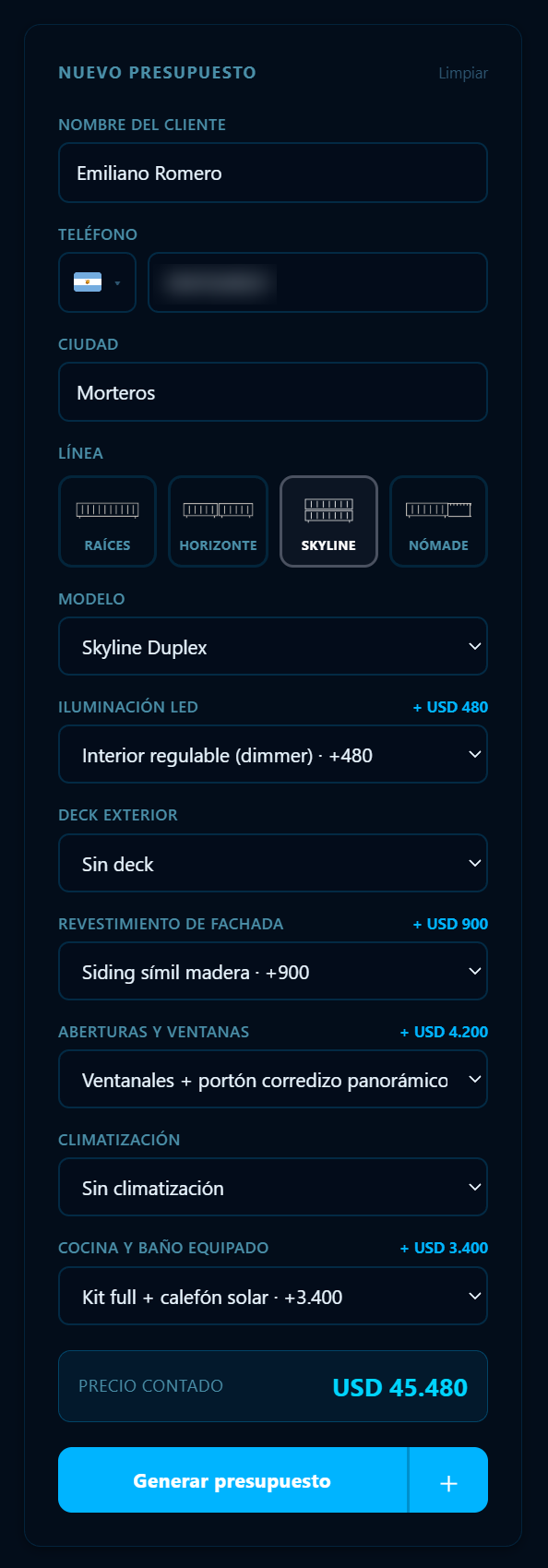 Presupuestador de Phosia con modelo Skyline Duplex, opcionales y precio calculado